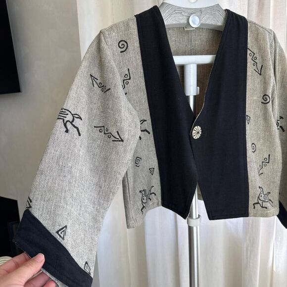 Cotton Jacket Ecru Primitive Tribal Kokopelli Aztec Art to Wear Size - Picture 2 of 5